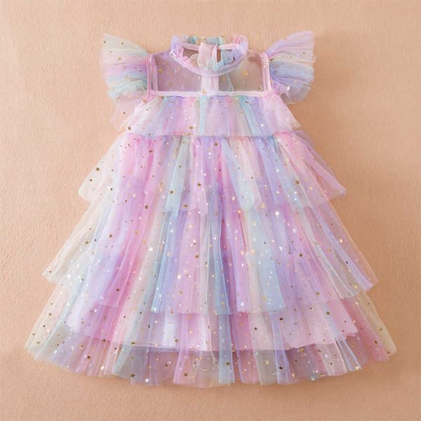 Vestidos da menina 2023 novo verão crianças meninas vestido de princesa moda mangas voadoras malha bolo saia crianças vestido de lantejoulas usa