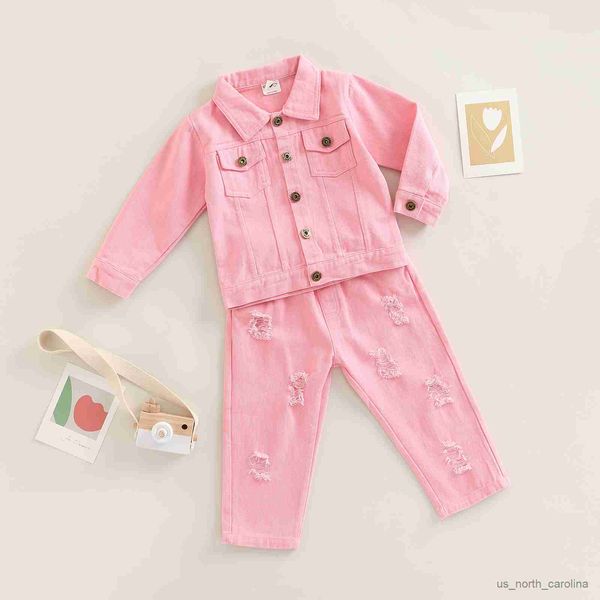 Jacken Kind Kleinkind Baby Mädchen Hosen Anzug Langarm Revers Mantel Denim Lose Tops Jacke Lange Zerrissene Hosen Set 2-7T R230805