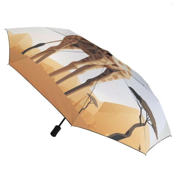 Regenschirme Giraffe 3-fach Automatikschirm Detaillierte Illustrationen Natur Schwarzer Mantel Tragbarer UV-Schutz für Frauen