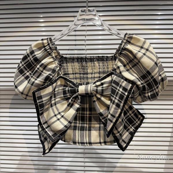 Women's Blouses 2023 Summer Classic Style Three-Dimensional Bow Plaid Short Puff Sleeve Shirt Blouse For Women Travel Vacation Top