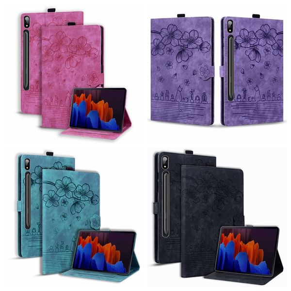 S9 ultra sakura flor carteira de couro tablet casos para samsung galaxy s9 ultra tab s8 s7 impressão retrô moda cereja gato titular capa flip cartão de identificação de crédito slot para cartão livro bolsa