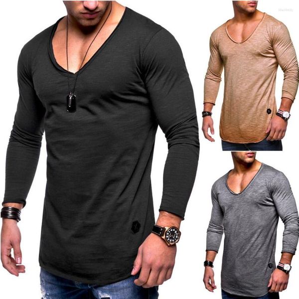 Camisetas Masculinas Spring T-Shirt Masculina Manga Comprida Fitness Musculação T-Shirts de Cores Puras Vestuário TShirt Masculino Tees