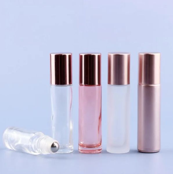 Atacado 5ml 10ml Roll On Frasco de Perfume de Vidro Rose Gold Metal Roller Ball Óleo Essencial Fragrance Container LL