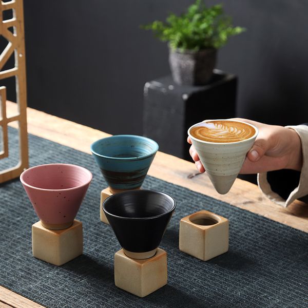 Retro wiederverwendbare Keramik-Kaffeetasse mit Trichter, grobe Keramik-Kaffeetasse, antike japanische Teetassen