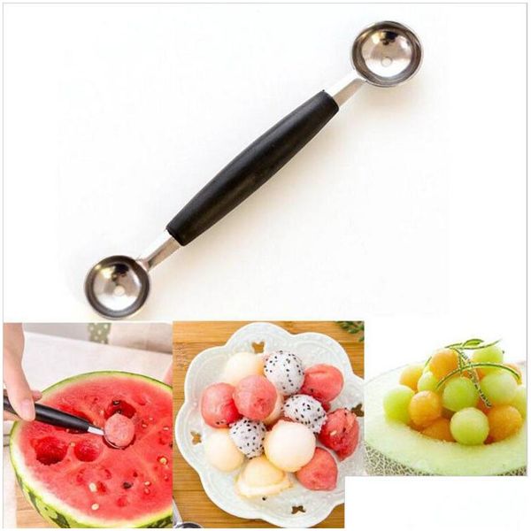 Utensili per frutta e verdura Melone Anguria Palla Cucchiaio Cucchiaio Gelato Sorbetto Utensile da cucina a doppia estremità in acciaio inossidabile Accessori da cucina Dhdtq