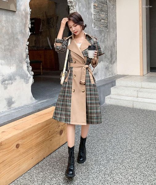 Trench da donna Cappotto da donna Fashion Personality Plaid Colore a contrasto Pieghettato Soprabito da donna lungo