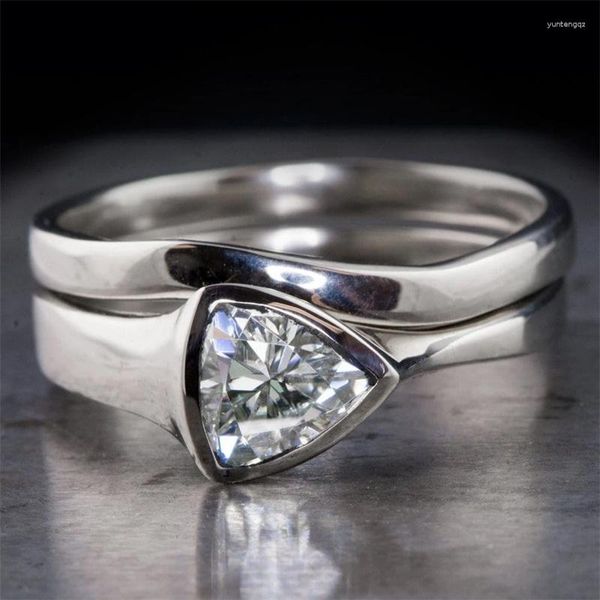 Eheringe Einfache Frauen Silber Farbe Runde Geometrie Weißer Stein Für Set Verlobungsschmuck