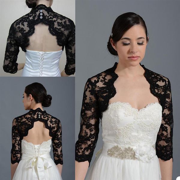 Jaquetas de noiva vintage bolero preto top de casamento apliques de renda manga longa botão personalizado nas costas acessórios de noiva tamanho grande 265S