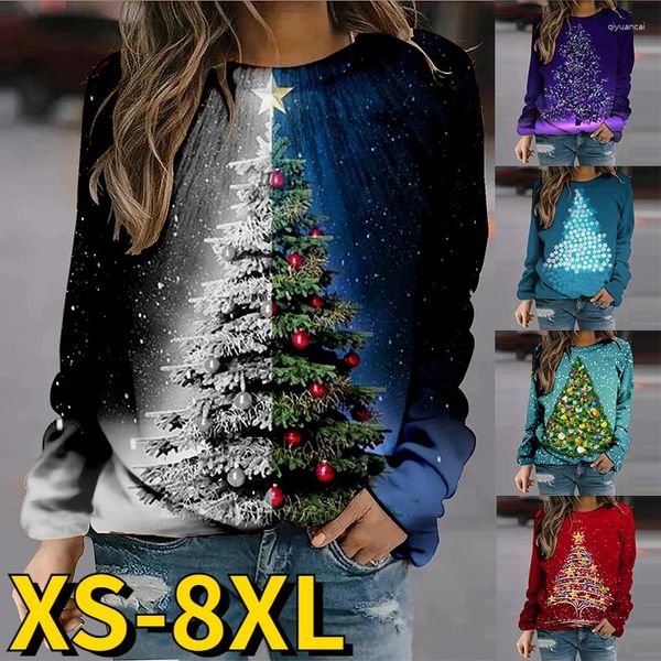 Damenpullover 2023 Damen Weihnachtsbäume Druck Langarm Rundhals Pullover Pullover Herbst Winter Casual T-Shirt Tops