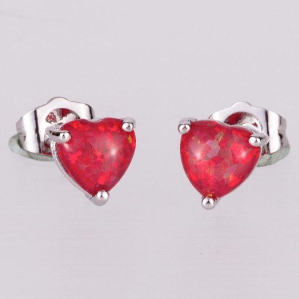 Orecchini a bottone KONGMOON 5.5 Cuore Opale di fuoco rosso Cabochon Gioielli placcati argento per donna Piercing semplice