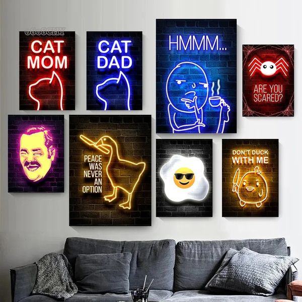 MEMES ENNCUSTÍVEL NEON Animal Canvas Pintura Arte Parede Espanos Espanos rindo cara Untitled Goose Posters e impressões estéticas da sala de estar decoração de barra de estar w06