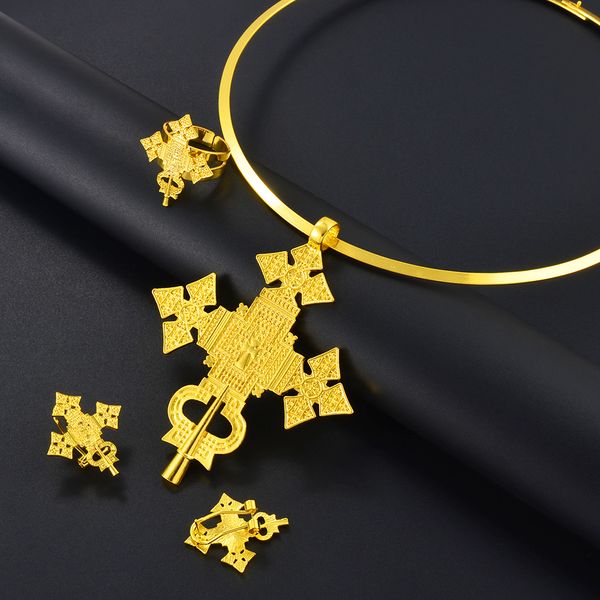 Set di gioielli da sposa Anniyo Argento africano Color oro Girocolli rotondi a croce grande Orecchini Anello ridimensionabile Habesha etiope eritreo #333806 230804