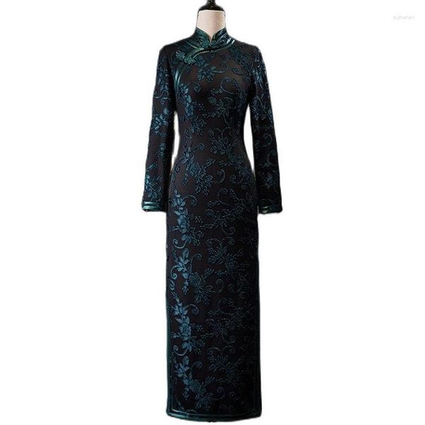 Ethnische Kleidung Chinesisches traditionelles Samt Qipao Kleid Frauen 3/4 Ärmel Velour Langes Cheongsam 2023 Mode Dame Abend Party Kleid