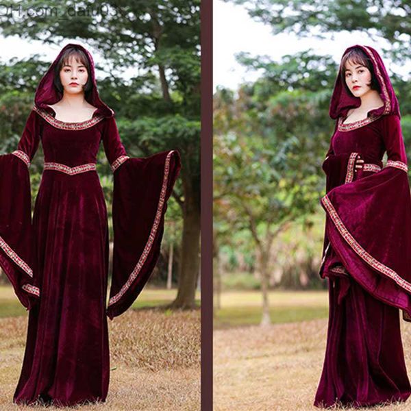 Traje Tema Medieval Vintage Gótico com Capuz Bruxa Pele Longa Luxo Vestido de Festa Feminino Role Play Vampiro Halloween Adulto Coming Z230805