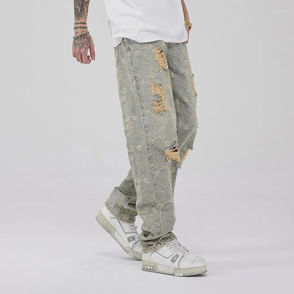 Herren Jeans American Retro Street Style Old Cashew Flower Ripped Trendige Marke Hip-Hop Hose mit geradem Bein