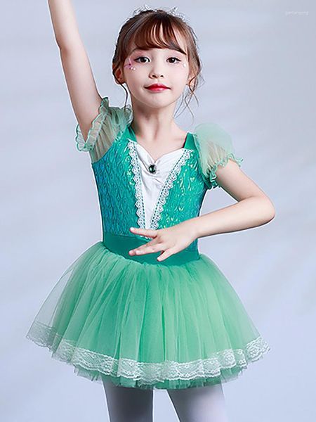 Stage Wear Green Princess Dancer Dress Kids Girls Mesh Tutu Balletto Costume da ballo con apertura sul cavallo Ginnastica Body Ballerina Dancewear