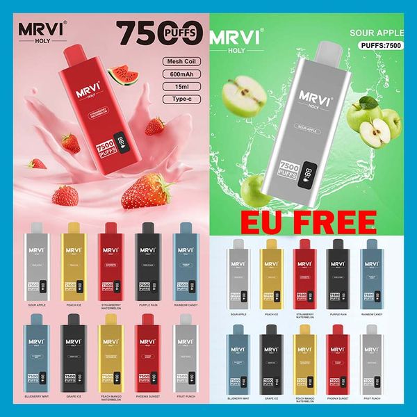 Original Mrvi Holy 7500 Puffs Einweg-Vape-Pen-E-Zigarettengerät mit 600-mAh-Akku, 15-ml-Pod, vorgefüllte Kartusche, wiederaufladbar, EU-freie Bildschirmanzeige, LED