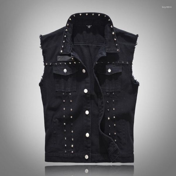 Männer Westen Koreanische Mode Dünne Denim Weste Casual Motorrad Punk Niet Fransen Ausgefranste Quaste Jacke Schwarz Jeans Mantel Tank Top