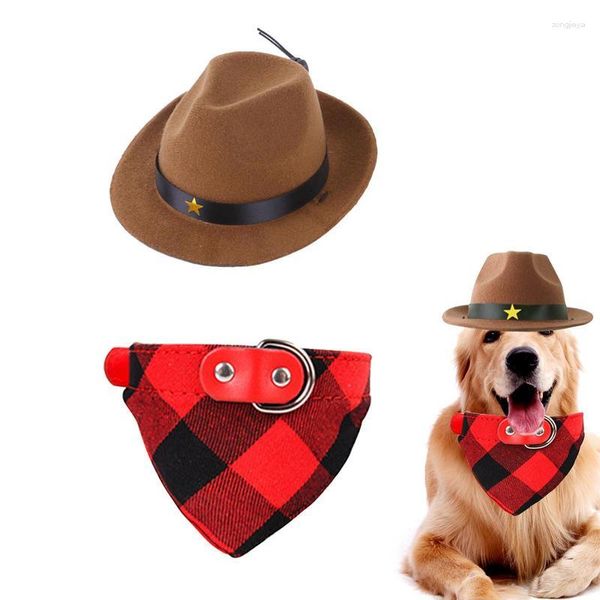 Collari per cani Cappello da cowboy e sciarpa Accessori occidentali per cucciolo Set di costumi multiuso per animali domestici Ruolo morbido confortevole regolabile