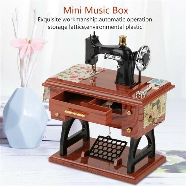 Dekoratif Nesneler Figürinler Retro Stil Dikiş Makinesi Müzik Kutusu Mini Vintige Retro Dikiş Saati Müzik Kutusu Hediye Tablo Ev Dekorasyon Yenilik Hediyeleri 230804