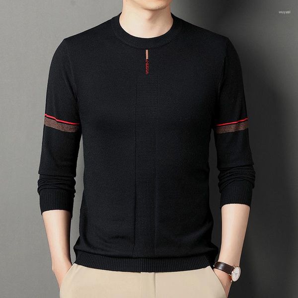 Erkek Sweaters Browon 2023 Sonbahar Siyah Kazaklar Çift Çizgili Yuvarlak Boyun Uzun Kollu Jakar Dokuma Midlife Sıradan Erkekler Giyim