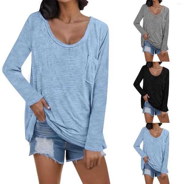 Blusas de mujer, camisas de algodón a la moda con un bolsillo, camiseta informal de otoño para mujer, Blusa básica holgada de manga larga con cuello redondo de talla grande, Blusa