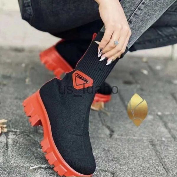 Kleid Schuhe Booties Frauen Winter 2023 Neue Gestrickte Netz Rot Plattform Elastische Tuch Schuhe Casual Atmungsaktive Rutschfeste Kurze klobige Biker Stiefel J230806