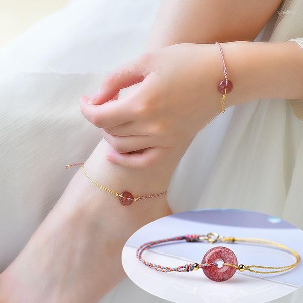 Cavigliere Bracciale con fibbia di pace in cristallo di fragola naturale Cavigliera femminile Ornamenti per anelli del piede nazionale Regalo per amici Personalità semplice