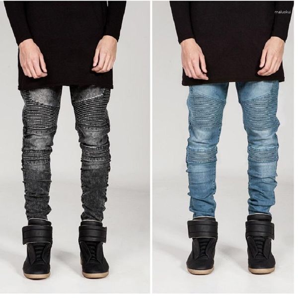 Jeans masculino Drop Biker Men de alta qualidade Stretch Cargo Jeans plissado Slim Jean Riscado Calças