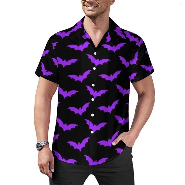 Herren-Freizeithemden, Halloween-Fledermäuse, lockeres Hemd, Mann, Strand, schwarz und lila, hawaiianische Grafik, kurze Ärmel, Harajuku, Oversize-Blusen