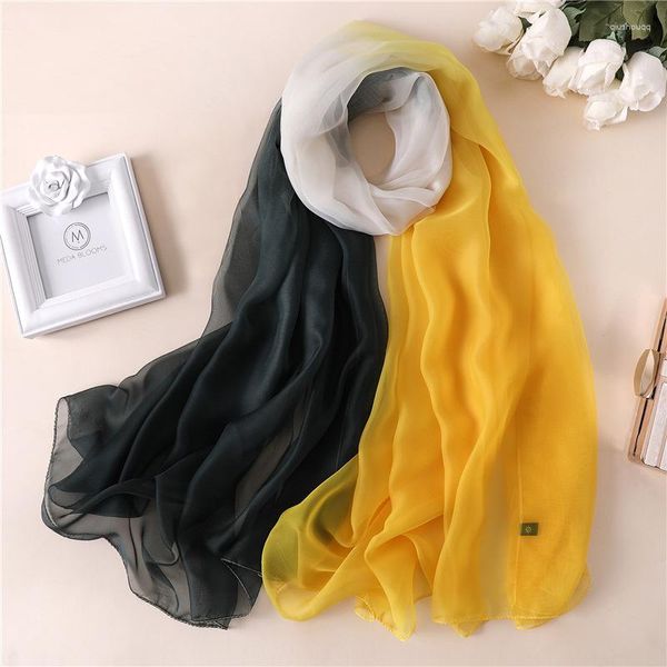 Lenços BYSIFA| Cachecol De Seda Amarelo Verde Branco Degradê Hijab Senhoras Verão Grandes Xales Longos Outono Inverno Cabeça