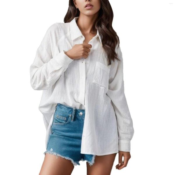 Blusas Femininas Camisas Textura Branca Moda Blusa Feminina 2023 Top de Linho Outono Solto Camisa Manga Longa Sólida Gola Peitoral