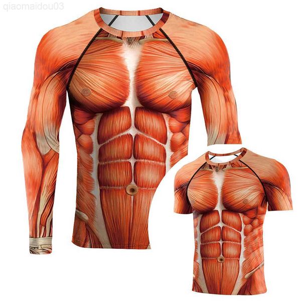 T-shirt masculina estampada em 3D com estampa de músculo de Halloween para homem de manga comprida, camiseta masculina L230804