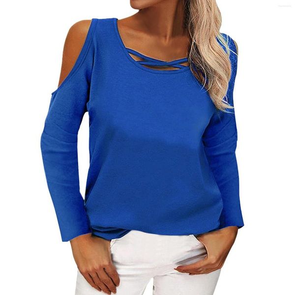 Frauenblusen elegant von Schulter sexy Hemden Bluse lässige solide Langarmkreuzskross -Riemchen -Tops Soild Blusa Mujer