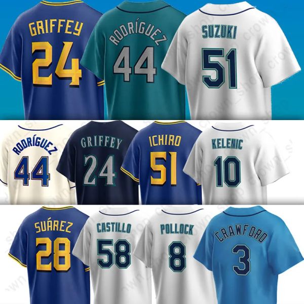 Seattle''Mariners''44 Julio Rodriguez Baseball Jerseys Mariners Ken Griffey Jr. Pollock Jarred Kelenic Ichiro Suzuki Eugenio Suarez Luis Castillo