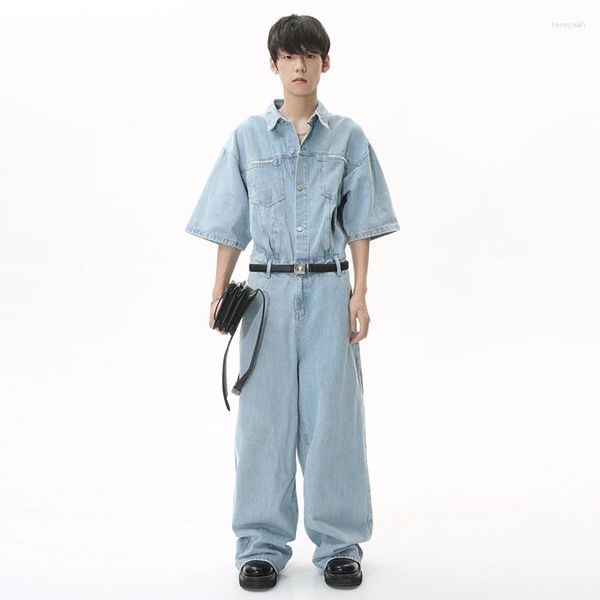 Männer Jeans SYUHGFA Casual Denim Overalls Revers Vintage Kurzarm Mantel Einfarbig Gewaschen 2023 Sommer Mode Männlich