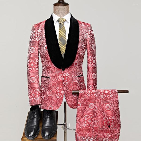 Abiti da uomo Luxury Mens Wedding Black Risvolto Rosso 2 pezzi Custom Groom Suit Dress Tuxedo Slim Fit Jacquard Blazer Jacket Pants Set
