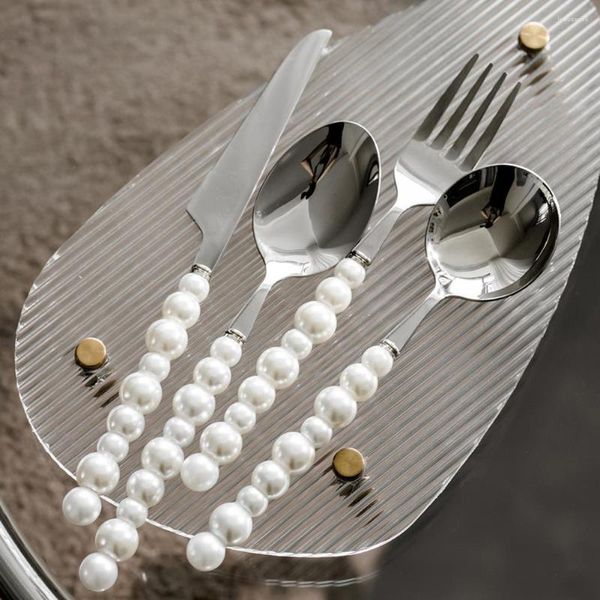 Set di stoviglie Pratiche posate da taglio Cucchiaio da tavola color argento Squisito utensile da tavola in finta perla in acciaio inossidabile