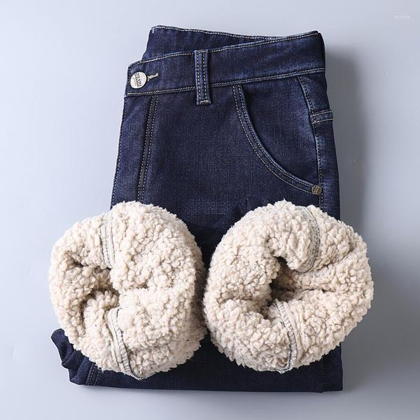 Jeans masculino 2023 plush lã inverno quente engrossar calças térmicas 28-40 reta estiramento streetwear boot cut calças diárias para homens