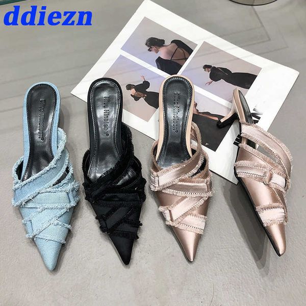 Sandálias Sapatos de Salto Médio para Senhoras 2023 Designer de Moda Denim Feminino Sapatos de Dedo Pontudo Saltos Mules Slides Sapatos Femininos Elegantes J230806