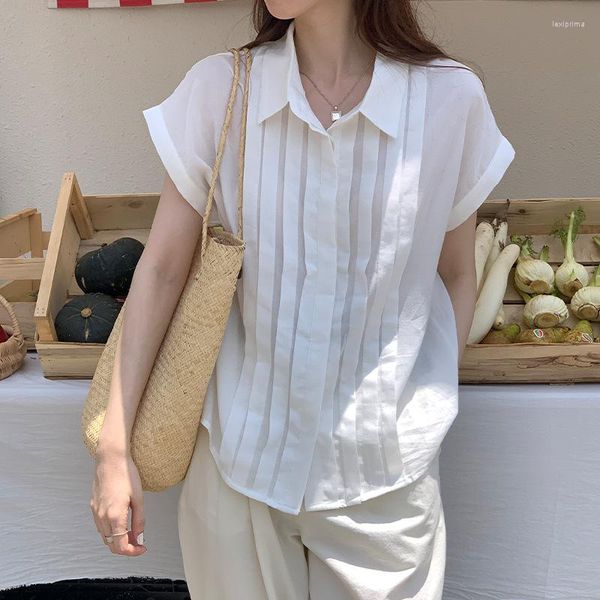 Blusas femininas camisa franzida franzida para mulheres de tecido de algodão mangas curtas tops soltos de verão blusa camiseta