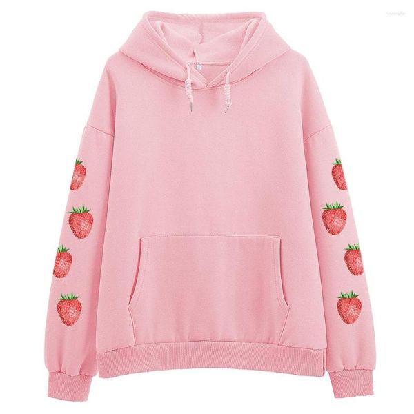 Felpe con cappuccio da donna Felpa con cappuccio con stampa fragola Kuwaii Felpe calde con cappuccio da donna Donna Cotton Plus Velvet Abbigliamento rosa Kawaii