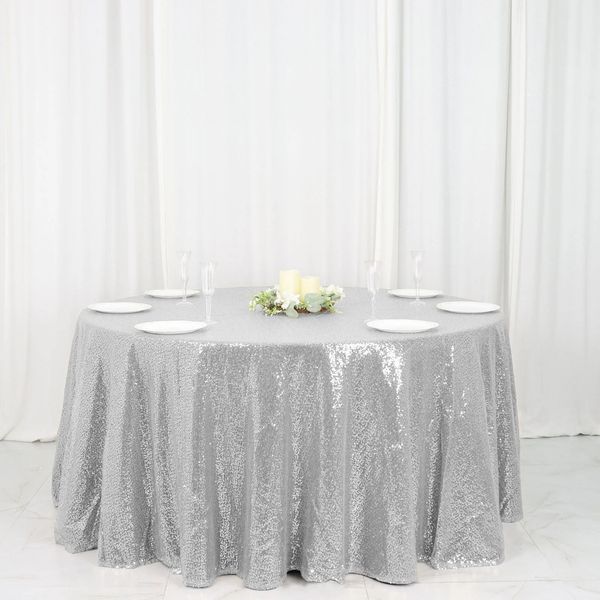 Toalha de mesa redonda de lantejoulas premium sem costura prata 120