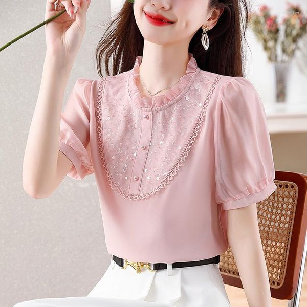 Frauen Blusen Chiffon Frau Shirts Sommer 2023 Patchwork Lose Kurzen Ärmeln Spitze Top Oansatz Damen Kleidung YCMYUNYAN