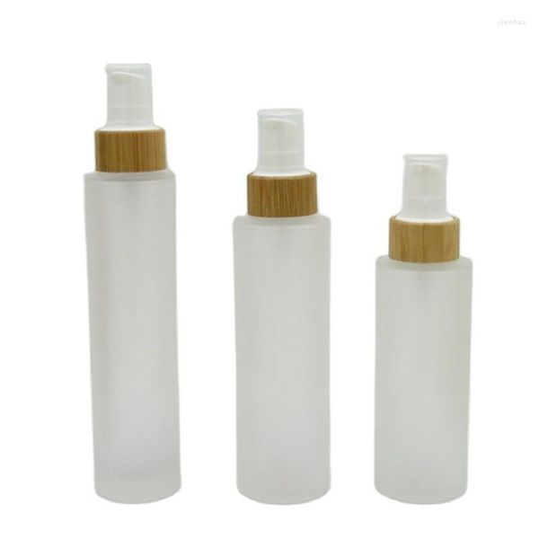 Bottiglie di stoccaggio 100ML 120ML 150ML Bottiglia di vetro smerigliato con pompa per lozione di bambù Becco Modello Ugello Cosmetici vuoti Imballaggio 10 Pz/lotto .