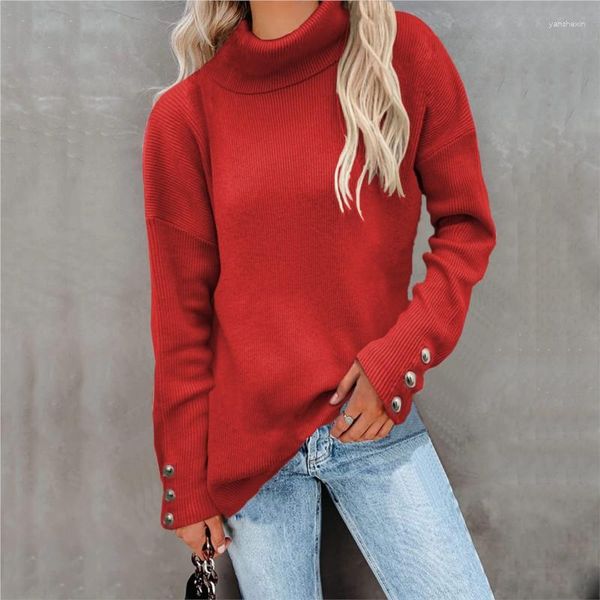 Maglioni da donna Autunno/Inverno a righe Collo alto Polsino Bottoni Lavorato a maglia Solido Maglione allentato casual Pullover elegante Rosso Y2 Top 2023