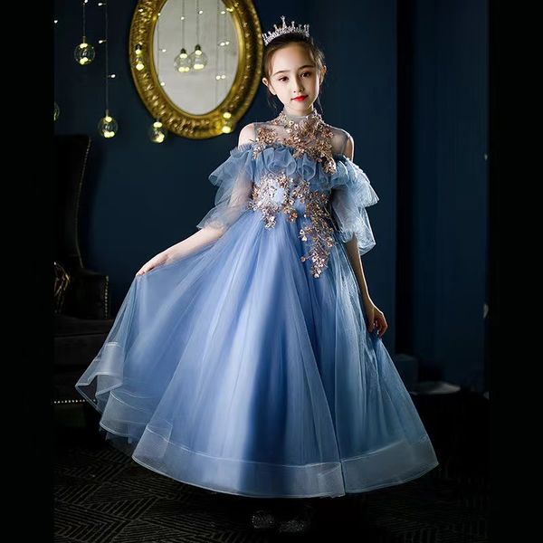 Carino blu Abiti da spettacolo per bambine 3D Appliques floreali Abito da ballo per bambini Abito da ragazza di fiori Lunghezza del pavimento Abito da ballo in tulle Principessa Abito da prima comunione