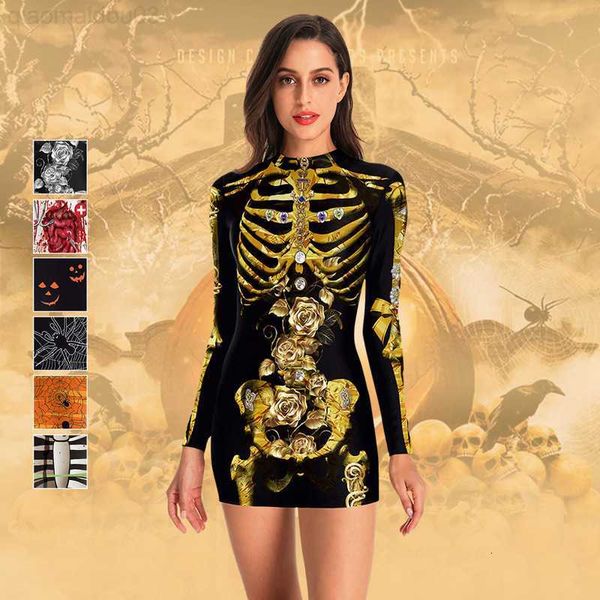 Thema Kostüm Frauen Vintage Skeleton Rose Print Overall Horror Body Halloween Cosplay Kleid Scary Come Femme Teufel Party Fancy Outfits L230804