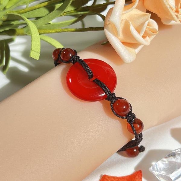 Pulseiras de pedra natural feitas à mão de ágata vermelha, rosquinhas, para mulheres, joias da moda, pulseiras de corda ajustáveis, atacado