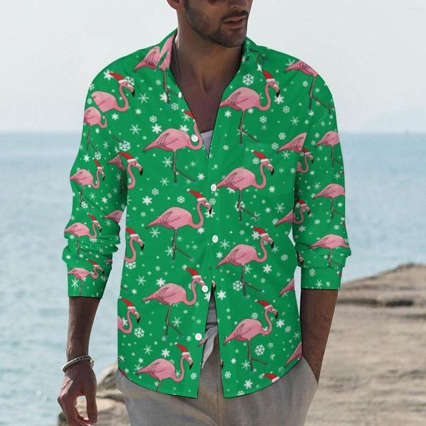 Erkekler Sıradan Gömlek Karikatür Kuşlar Baskı Gömlek Flamingolar Noel Erkekler Gevşek Bluzlar Uzun Kollu Grafik Sokak Stili Tops Artı Boyut